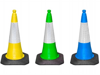 Yellow, Green And Blue Traffic Cones